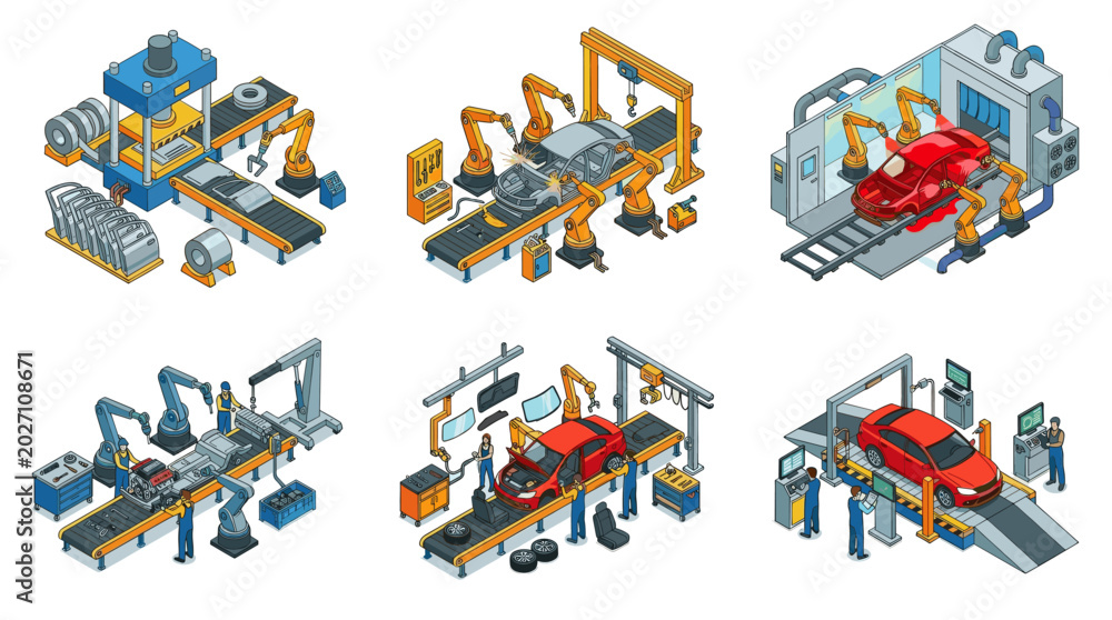 Fototapeta premium Automotive Factory and Car Assembly Line Isometric Vector Illustration Set