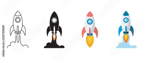 Photos Rocket icon set, upward launch startup growth symbols, business innovation and s