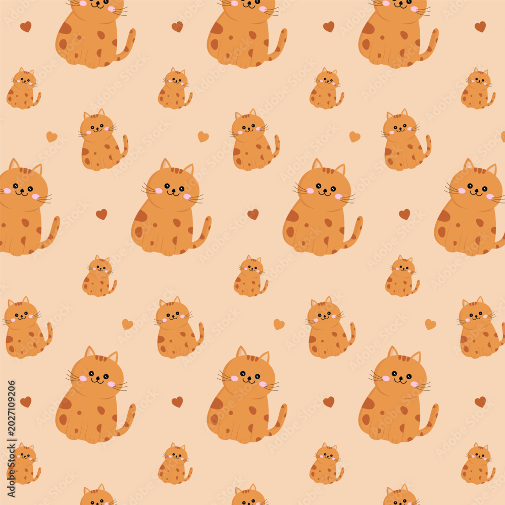 Obraz premium Cute seamless pattern with cats and hearts.Pet, animal repeat pattern isolated on beige background.Vector graphic illustration wallpaper.