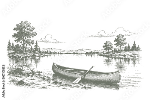Classic hand drawn line art vector illustration of a traditional canoe with a paddle resting on a calm lake shore lined with green trees