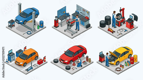 Automotive Factory and Car Assembly Line Isometric Vector Illustration Set
