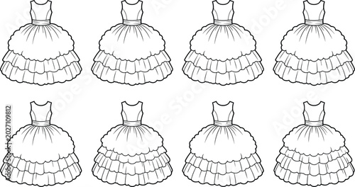 Bild auf Leinwand Ball Gown Fashion Flat Sketch Vector Set Featuring Tiered Ruffled Princess Dress