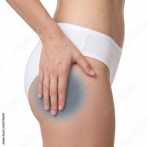 Woman's hand touches painful hip area with blue highlight showing injury discomfort