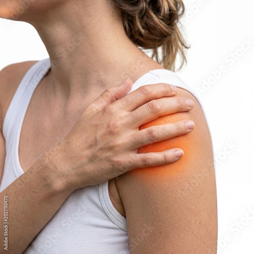 Woman wearing a white tank top holding her painful shoulder with an inflamed red glow