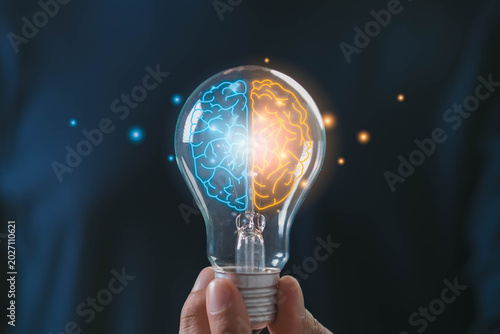 Canvastavla Creative brain concept with dual thinking in light bulb, left and right hemisphe