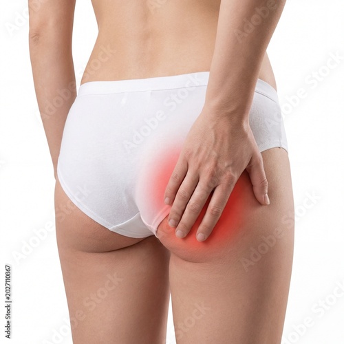Young woman's back showing a hand touching a red painful buttock in white underwear