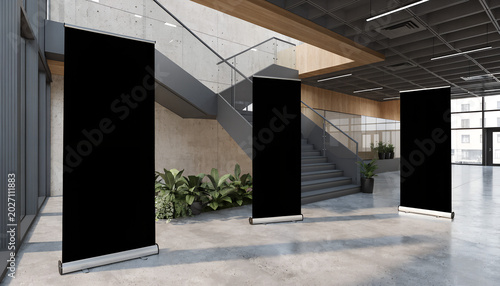 Three black blank roll up banners in modern hallway interior with stairs and plants, perfect for exhibition or presentation mockup display template
