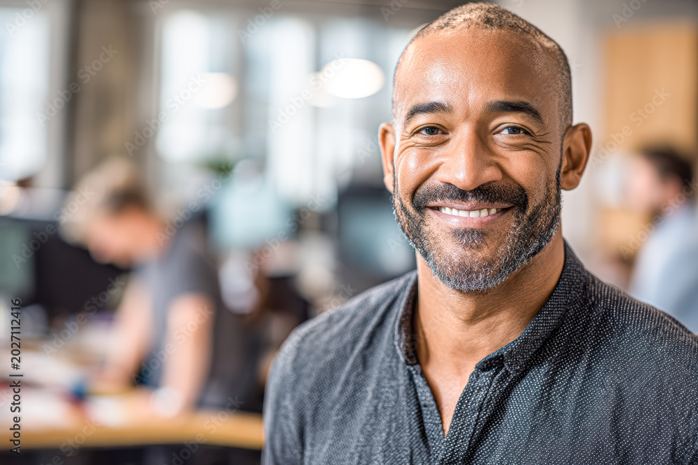Fototapeta premium A confident man smiles in a modern office, with colleagues working in the blurred background.