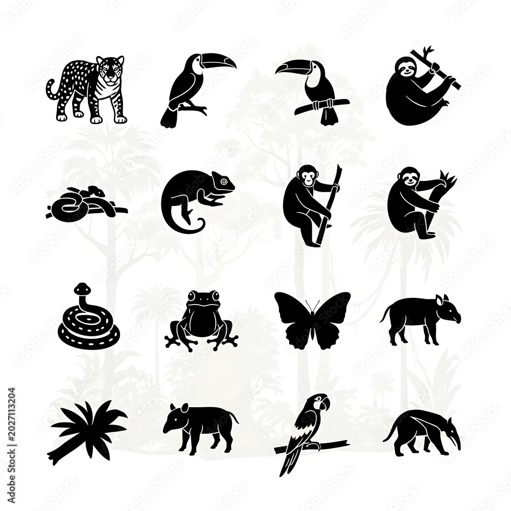Fototapeta premium Black silhouettes of jungle animals.