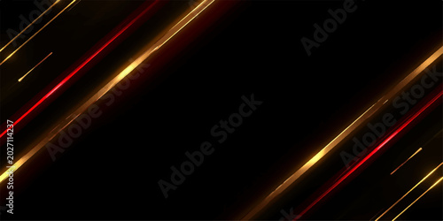 Modern abstract backdrop with asymmetric slanted luxury gold and crimson red laser beams and wide negative space
