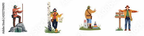 Schilderij op canvas Vector set of male explorer characters in vintage outdoor outfits navigating wilderness with maps, compasses, and signposts