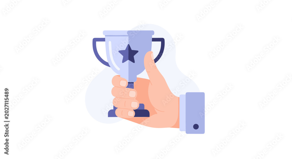 Fototapeta premium A hand holding a trophy cup in a celebratory gesture, symbolizing victory in the world football tournament with a star on it.