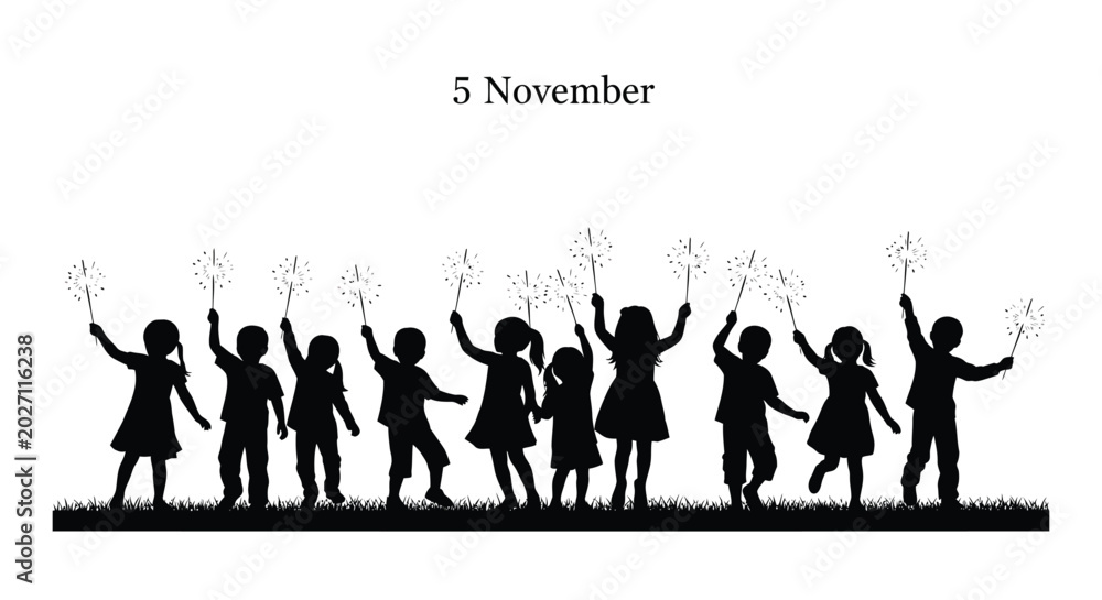 Obraz premium Children Silhouettes Celebrating with Sparklers on November 5th