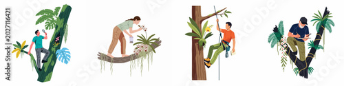Cuadro en lienzo Illustrations of botanists and researchers studying tropical plants and orchids high in the jungle canopy, climbing trees for scientific discovery
