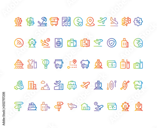 Travel and Tourism Flat Icon Set – Vacation, Transportation and Holiday Collection