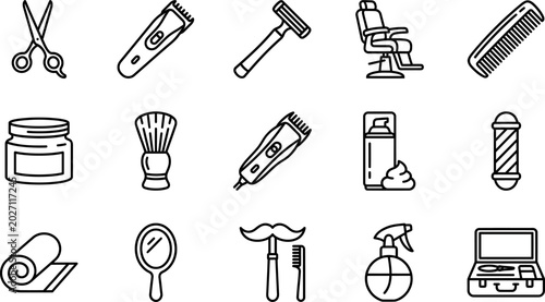 Tableau sur toile Black and white line drawing of various barber shop tools and equipment in use