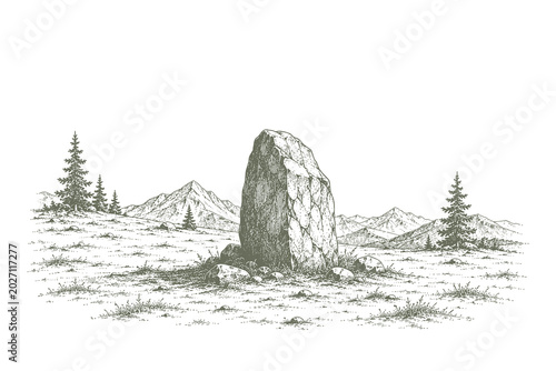 Quadro su tela Vintage engraving style vector illustration of a solitary standing stone menhir