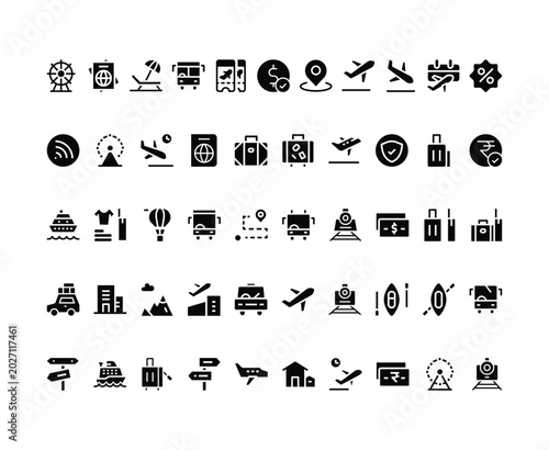 Travel and Tourism Flat Icon Set – Vacation, Transportation and Holiday Collection