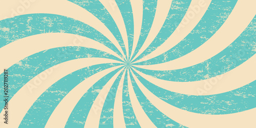 Retro blue spiral pattern background. Fun swirling vector. Psychedelic radial explosion with grunge texture. Hypnotic illustration of 90s starburst. Blue circular abstract background.