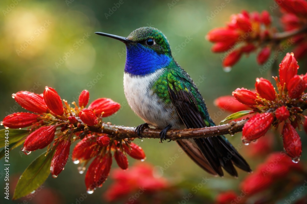 Fototapeta premium Relaxed blue chinned hummingbird sitting on a vivid red flowered branch