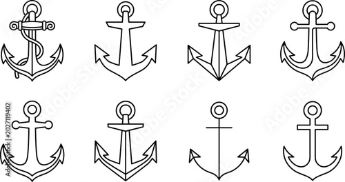 Fotografie Anchor Outline Icon Set with Nautical Maritime Ship Symbols and Ocean Marine Vec