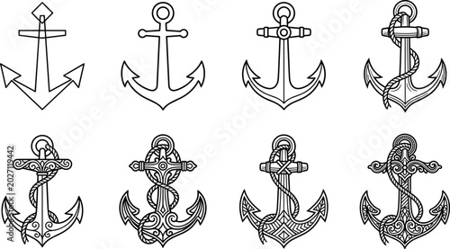 Obraz na płótnie Nautical Anchor Outline Icon Collection with Maritime Ship Symbols and Vintage O