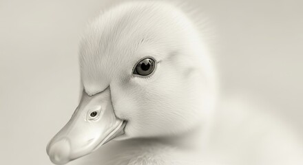 Extreme closeup macro detail of a fluffy white baby duckling showing its eye and beak