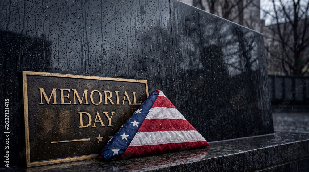 Obraz premium Folded United States flag resting on a black granite monument with a bronze Memorial Day plaque during a rainy day. Concept of military tribute, remembrance, and national holiday.