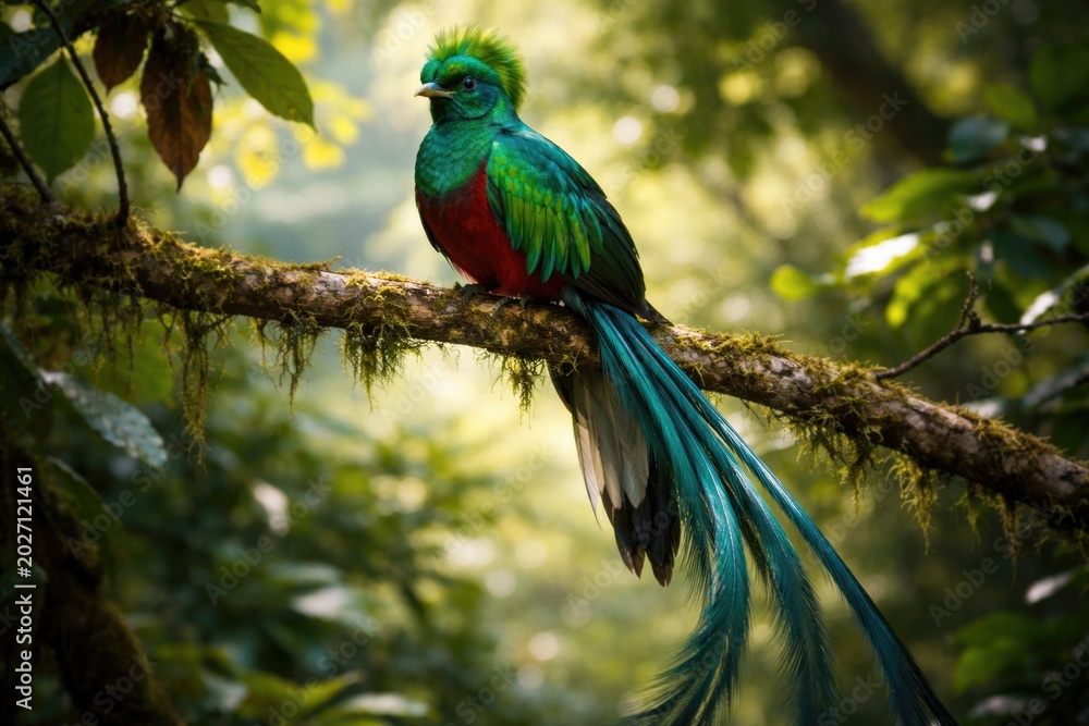 Obraz premium Beautiful quetzal displaying radiant plumage while perched on branch in forest canopy