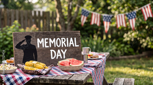 Memorial Day celebration with wooden sign on outdoor picnic table. Grilled corn and fresh watermelon served for holiday gathering. Patriotic American decoration in summer backyard garden.