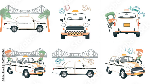 Quadro su tela Kolkata Yellow Taxi and Howrah Bridge Vector Illustration Set Featuring Vintage