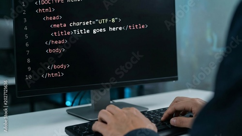 Obraz na płótnie Web Developer Typing Basic Code Template on Desktop Computer Monitor