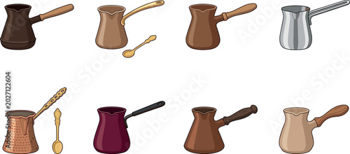 Tableau sur toile Traditional Turkish Coffee Pot Icon Collection with Copper Cezve Arabic Beverage