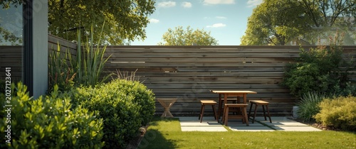 Bright backyard garden in flat style showing green shrubs, wooden fence, and summer barbecue patio