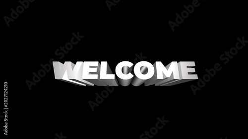 White volumetric lettering Welcome 3D text animation on black background