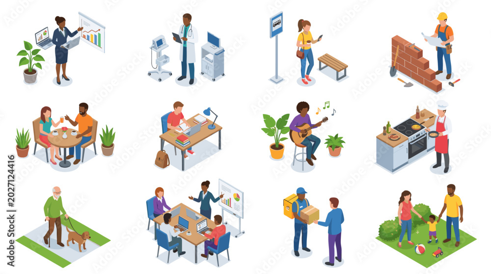 Fototapeta premium Diverse Urban People and Daily Life Isometric Vector Illustration Set