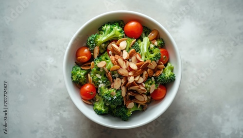 Birds eye composition of flavorful vegan detox broccoli salad garnished with cherry tomatoes and almonds in a white bowl