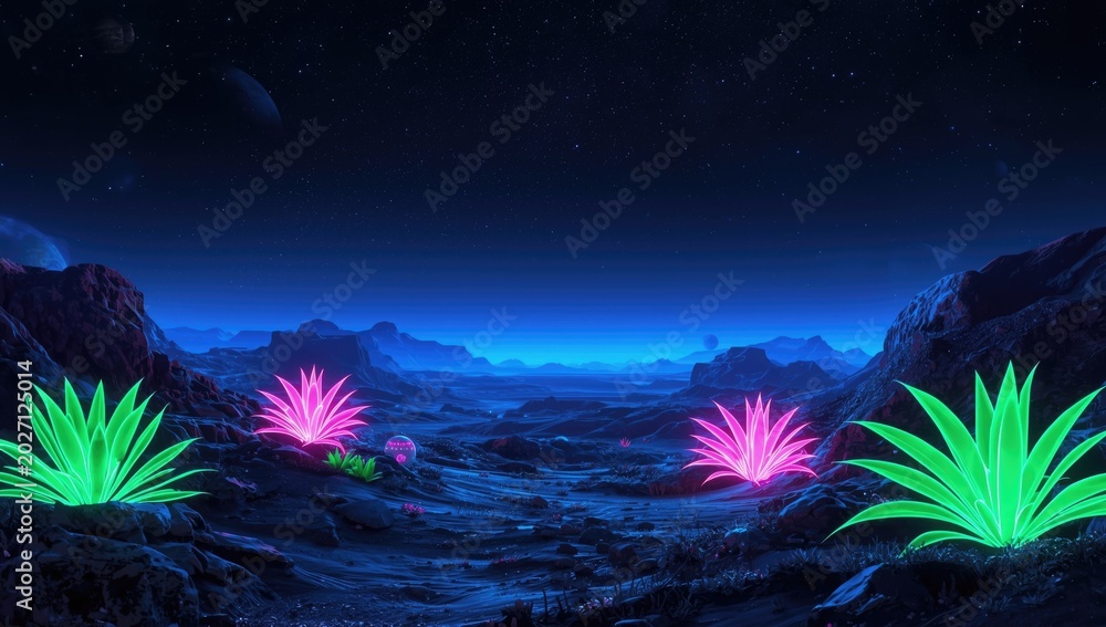 Alien world with luminous neon vegetation in space game nighttime backdrop
