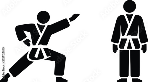 Tableau sur toile Two karate fighters in black uniforms performing stances