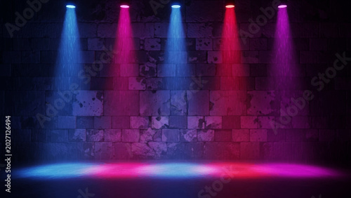 Photography Three spotlights casting vibrant pink purple and cyan blue light beams onto a textured dark gray brick wall background with a horizontal floor surface