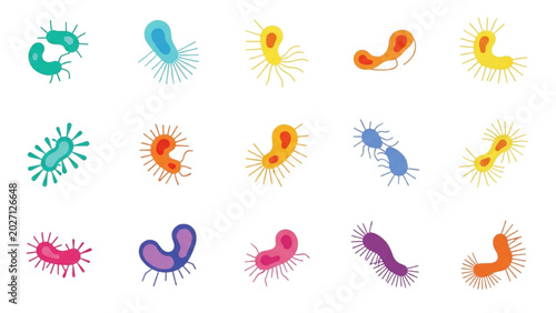 Fungi Vector Icon Sheet with Colorful Budding Yeast Cells Fungal Spores Hyphae Mold Mycology Science Medical Biology Graphics Isolated Flat Icons Set