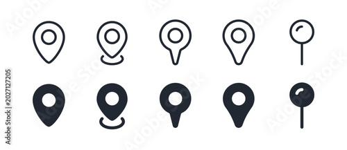 Map pin outline editable stroke and solid icons vector illustration. Place marker, gps, coordinate, pointer arrow shape pictogram.