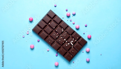Dark chocolate bar with pastel candies & sugar on a bright blue surface