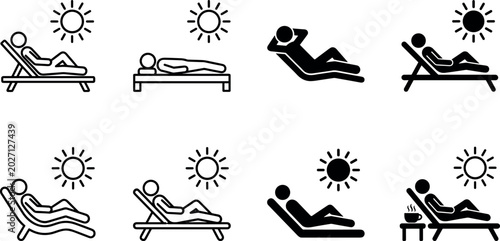 Schilderij op canvas Sunbathing and Beach Relaxation Icon Set with Lounge Chair Summer Vacation and T