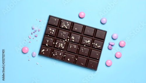 Dark chocolate bar with candy sprinkles on light blue background, flat lay