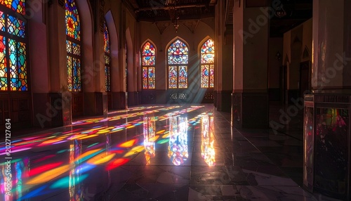 Stained glass window light creates colorful patterns on a tiled floor indoors