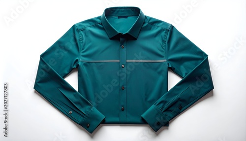 Teal dress shirt, buttoned, collar up, sleeves spread, studio lit on white