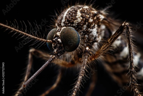 Magnified view of tiger mosquito emphasizing elaborate eyes and subtle hair structures against black background