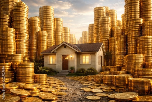 Modest building surrounded by abundant gold coin towers