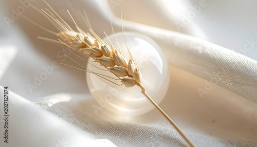 Wheat stalk and clear orb on creamy fabric
